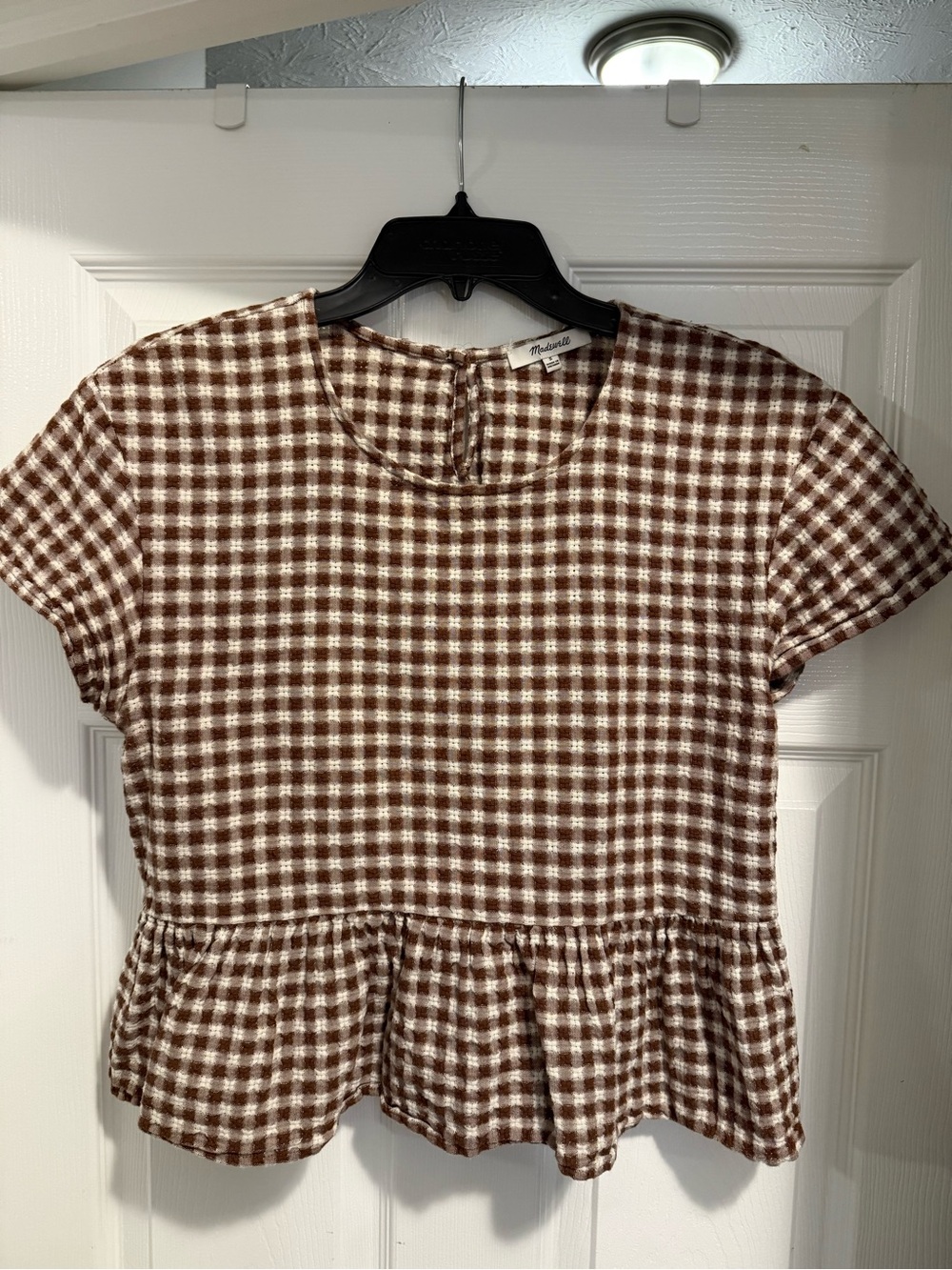 Madewell Medford Brown and Cream Gingham Peplum Blouse
